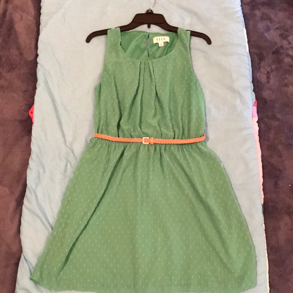 Green spring dress w/polka dot textured pattern